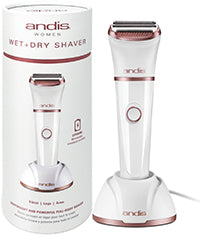 ANDIS WOMEN'S WET DRY SHAVER 6-PIECE KIT, including a shaver, blade guard, brush, charger stand, cord pack adapter, and a soft storage case.